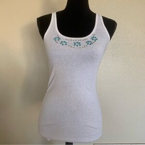 Vintage Hollister White Tank Top with Blue Floral Embroidery